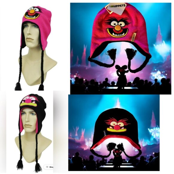 Disney The Muppets Animal Reversible Beanie Pink Black Knit Tassels Unisex OSFA - Picture 1 of 16